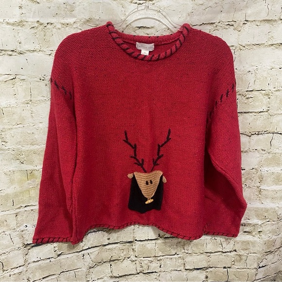 Northern Isles Red Reindeer Knit Wool Blend Christmas Winter Sweater - Picture 1 of 6